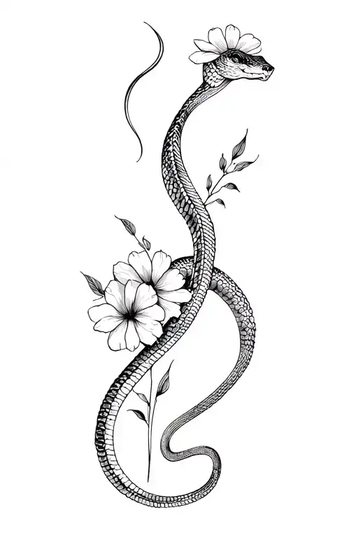 Snake On Spine Tattoo With Flowers