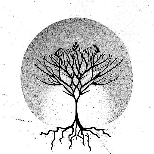 Slim Tree With Roots And Flowers