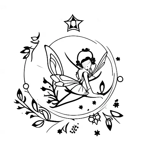Fairy Silhouette With Stars Around And Greenery