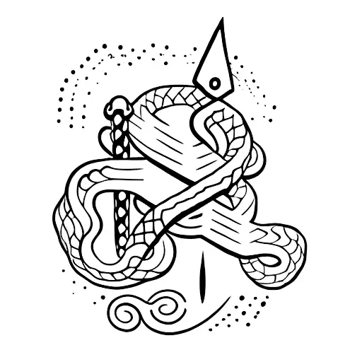 A Knife Pointing Upwards With A Snake Around It