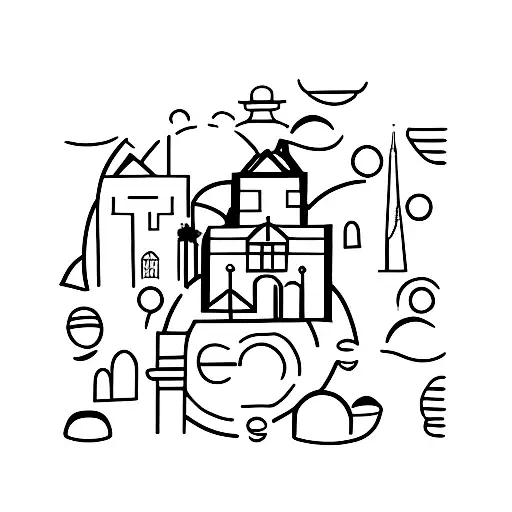 A Minimalist Tattoo Of A London Skyline With Coffee Beans Forming The Buildings