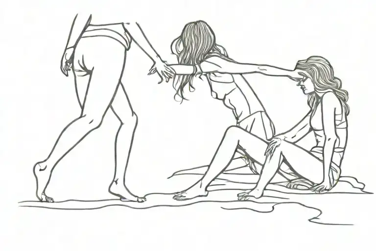 Silhouette Of Two Girls At The Beach Stand And Opening Legs And Arms