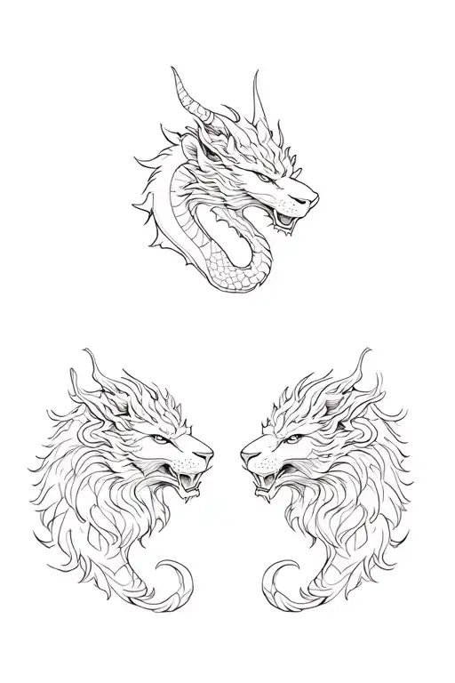 Side By Side Dragon And Lion