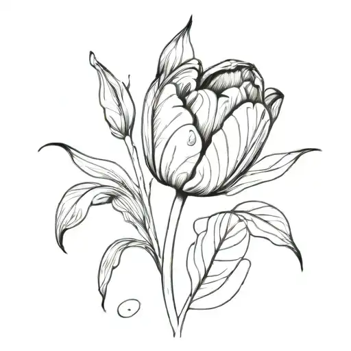 A Red Tulip In A Black Wrapper With Leaves Around And Drops Of Blood