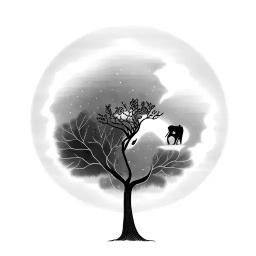 Magic Tree Growing From Palm Simbolising Life And Death Horses Birds Around