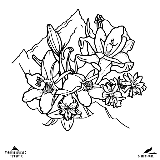 A Minimalist Tattoo Of A Daffodil And Larkspur Flowers Blooming At The Base Of A Majestic Mountain