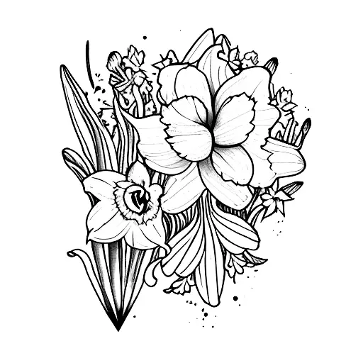 A Watercolor Tattoo Of A Daffodil And Larkspur Flowers Blooming At The Base Of Amountain