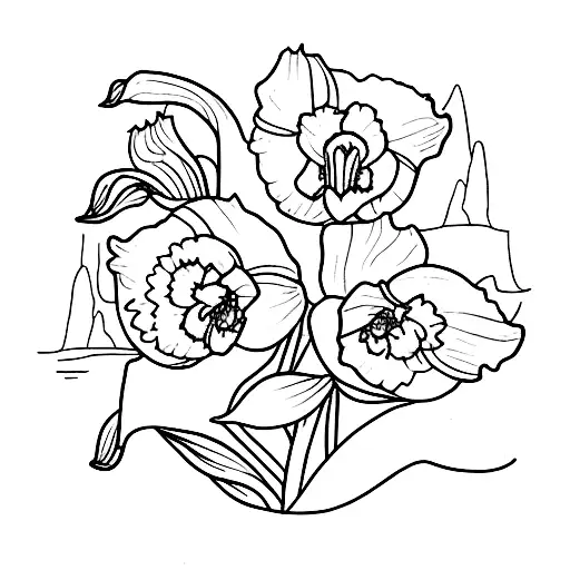 A Watercolor Tattoo Of A Daffodil And Larkspur Flowers Blooming With Mountain Range