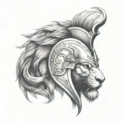 A Lion Wearing A Spartan Helmet In A Fierce Battle Scene