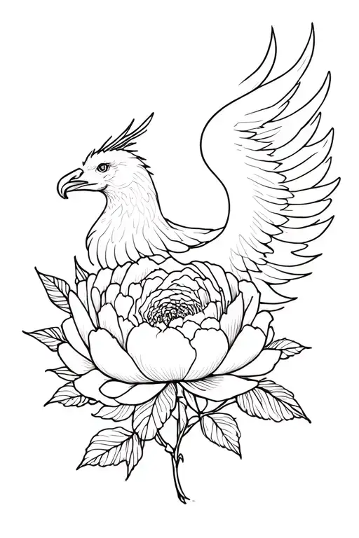 Minimalist Peony Flower And Phoenix Rising