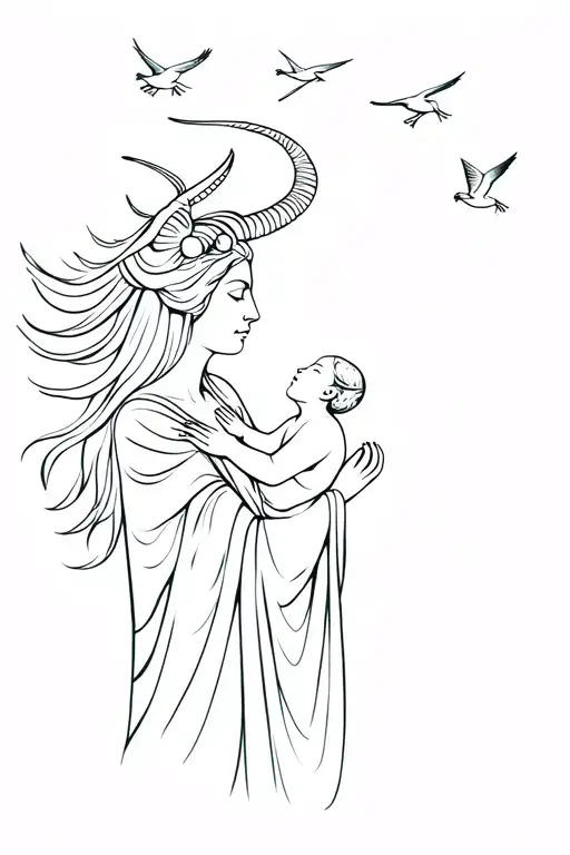 Profile View Of Capricorn Goddess Holding Baby In Arms Looking Up At 4 Birds In The Sky