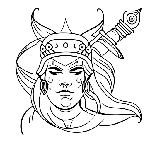 A Minimalist Tattoo Of A Woman Warrior Wearing A Viking Helmet And Holding A Greek Spear