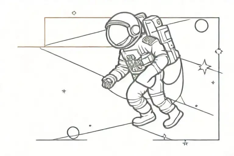 A Minimal 2D Tattoo Design That A Disappointed Astronaut Is Walking On A Gap Between Tow Lines