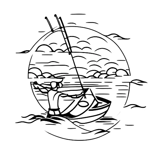 A Silhouette Of A Fisherman Casting A Line Into A Tranquil Lake At Sunset