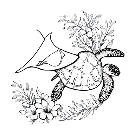 Sea Turtle And Manta Ray Surrounded By Tagimoucia And Pride Of Barbados Flowers
