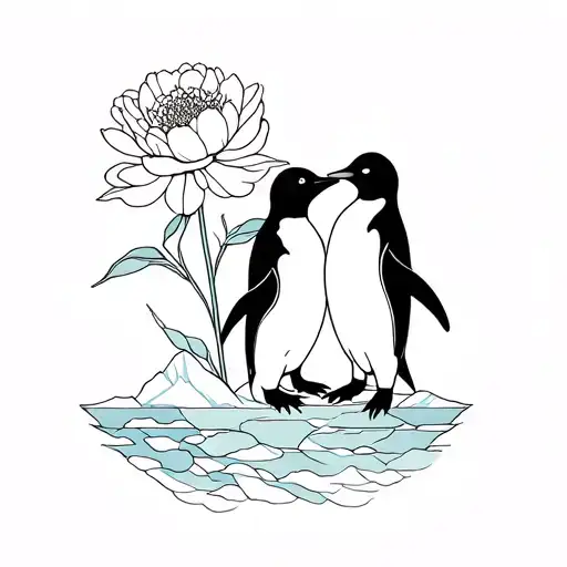 Pair Penguins In Love Under Long Stem Peony On Iceberg