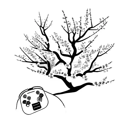 A Minimalist Tattoo Of A Gaming Controller Surrounded By Cherry Blossom Branches