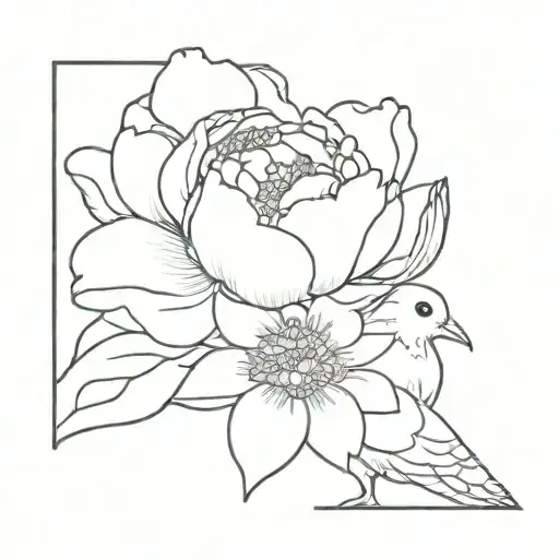 Peony Flower And Rabbit And Mourning Dove