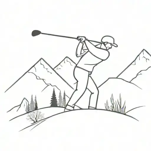 A Minimalist Design Of A Golfer Swinging A Club On A Serene Mountain Backdrop
