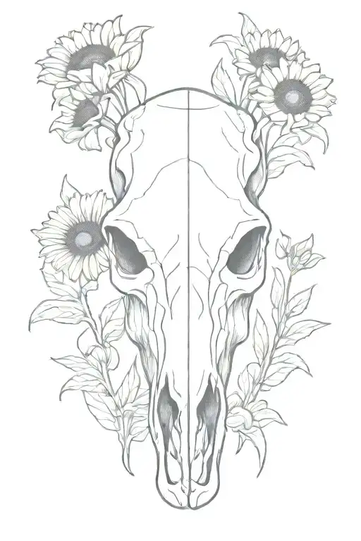 Horse Skull With Sunflowers And Bluebell Flower
