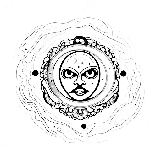 A Galaxy-like Spiral With A Star And Moon As Well As A Flower And A Drop