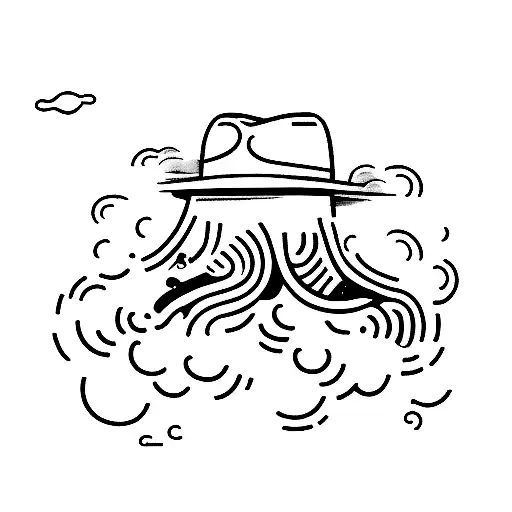 A Minimalist Tattoo Of A Cowboy Hat Floating In The Sea With The Word 'Arco' Written Below