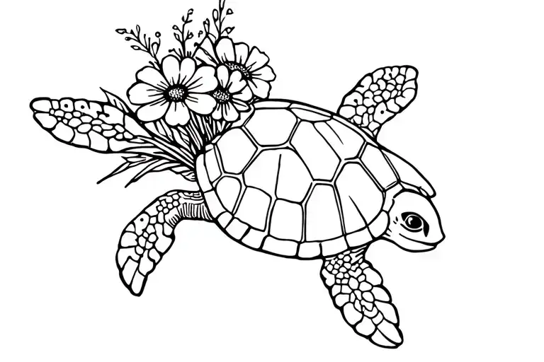 Sea Turtle With Bouquet Of Wild Flowers