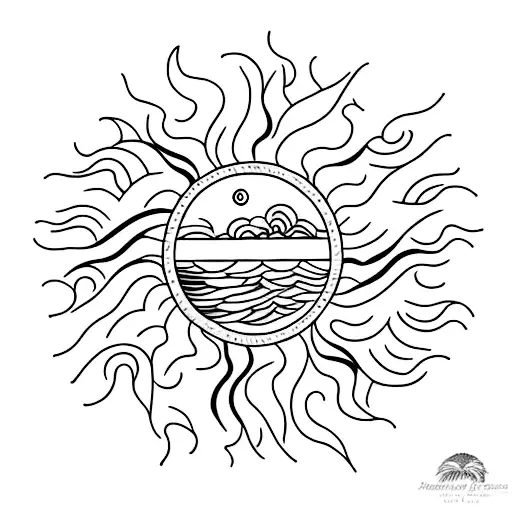 A Minimalist Tattoo Of A Sun Shining Over A Calm Sea