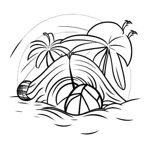 A Sketch Of A Beach Scene With Palm Trees And A Volleyball Flying Through The Air