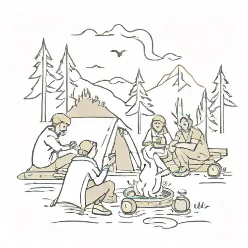 A Camping Scene With Friends Gathered Around A Campfire Telling Stories