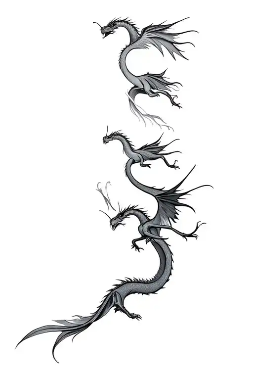 One Line Art Tattoo Of 7 Flying Dragons One Following The Other And Playing Between Them