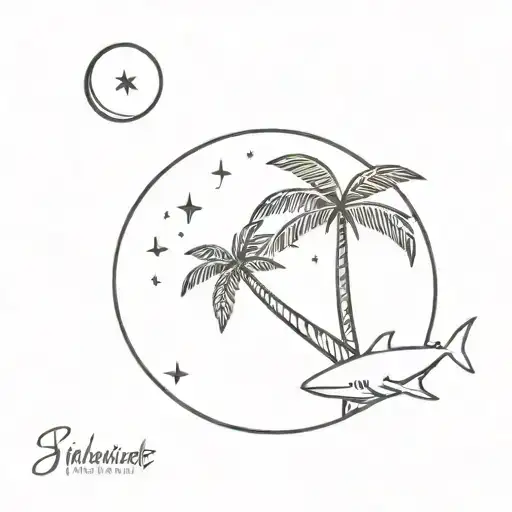 A Palm Tree Under A Waxing Crescent Moon With A Shark Swimming Under The Tree
