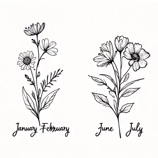 Fine Line Simple Birth Flower Bouquet Including January February June And July