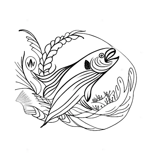 A Minimalist Tattoo Of A Fish And A Feather