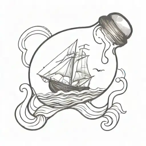 A Ship In A Bottle With Minimalist Lineart And Waves In The Background