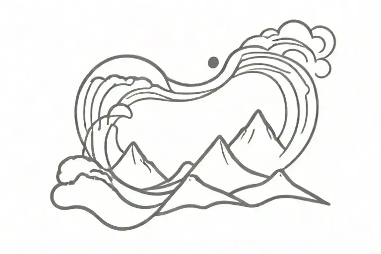 Wave And Mountain Single Line Tattoo With Moon
