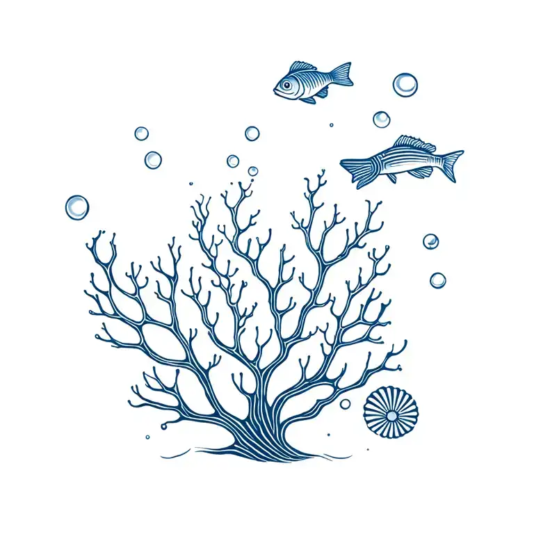 Sea Coral With Shells And Tin Fish And Bubbles