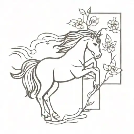 A Minimalist Tattoo Of A Unicorn Reading A Book Under A Blooming Peony Tree