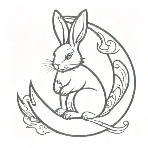 Cute Bunny Sitting On Crescent Moon Merging Together