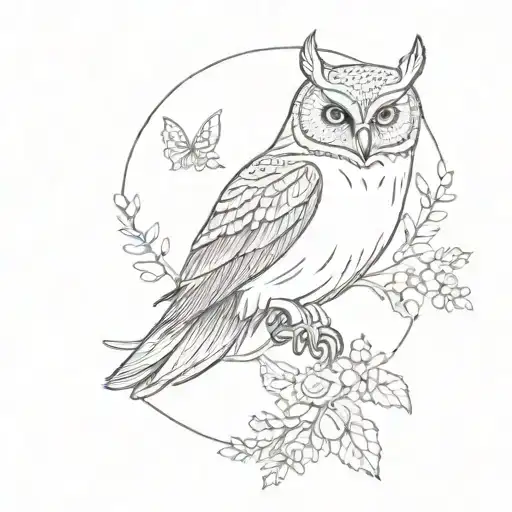 Fine Line Flying Owl With Floral Design
