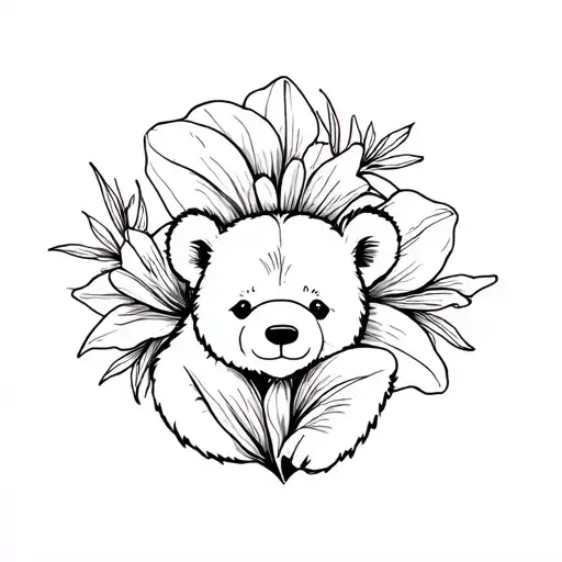 Australian Lilly Pilly Flower Outline With Vintage Playful Bear Cub