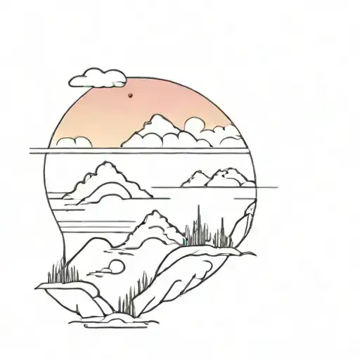 Beach And Mountain With Sunset Sky