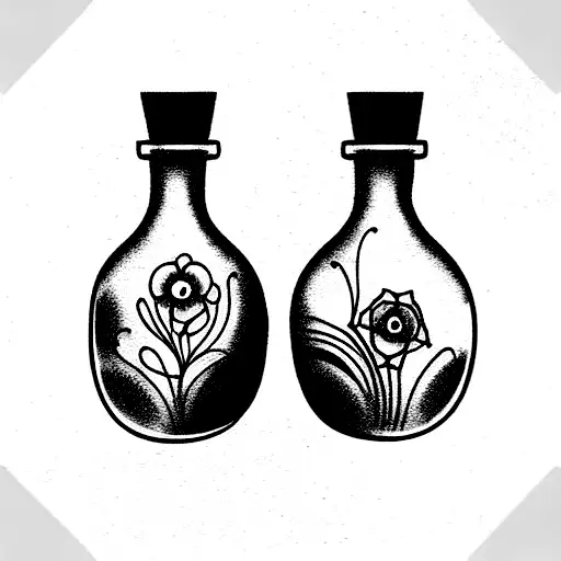 Two Unique Potion Bottles With Floral Elements Filling Them