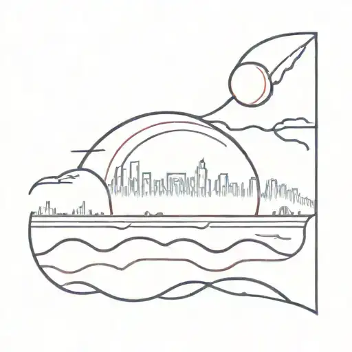 An Abstract Design Of A Sunset Over The Ocean With A Silhouette Of A City Skyline In The Background