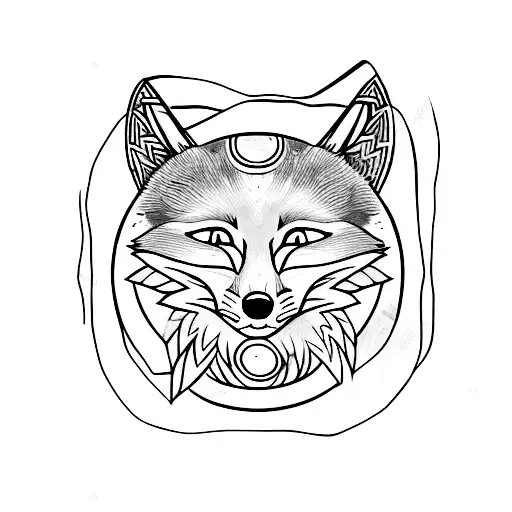Tattoo Sketch - A Black And White Kitsune Fox In A Circle