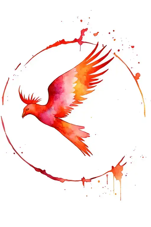 Phoenix Flying In A Cercle With Watercolor Blotch