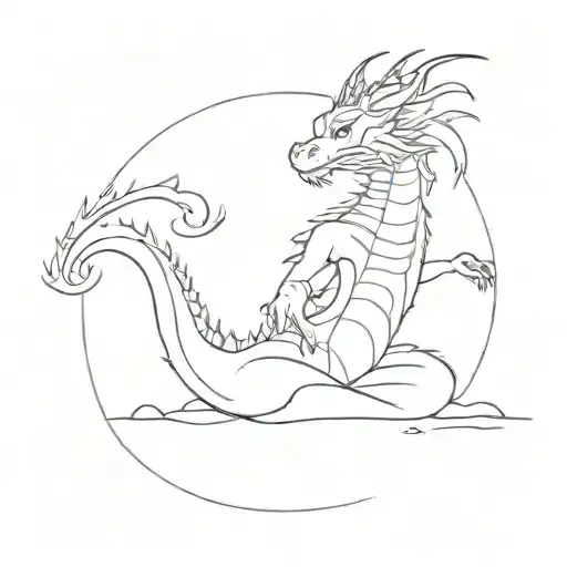 A Minimalist Design Of A Dragon Doing Yoga On The Beach