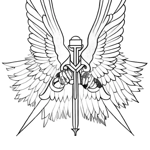 Three Swords With Wings And Fine Line Circles And Lines Accenting Them