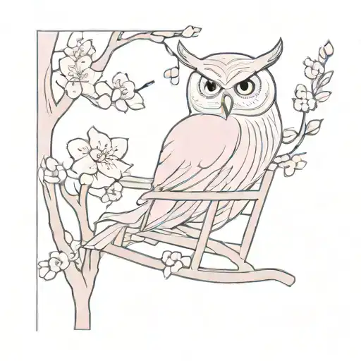 Owl On Rocking Chair Pink Cherry Blossoms Falling