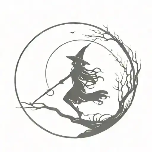 Witch Silhouette Reaching To Sky Full Moon
